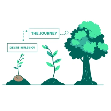 A teal illustration shows a progression of stages depicting a seed growing into a strong tree. The first stage features a small brown seed buried in rich soil, surrounded by delicate green shoots beginning to emerge. As the timeline continues, the next stage showcases a young sapling with several green leaves, standing upright under a bright sun. Following that, a sturdy tree with a thick trunk and a lush canopy of vibrant green leaves represents the final stage of growth. Above the tree, there is a banner reading "The Journey of Self-Growth," symbolizing the transformation. Each stage is connected by a dotted line, guiding the viewer through the evolution of the seed into a mature tree.