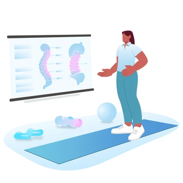 A physical therapist is standing in a well-lit clinic, demonstrating exercises for cervical spine alignment. The therapist is wearing a professional outfit consisting of a polo shirt and athletic pants. Next to the therapist is a yoga mat laid out on the floor. Various props, such as exercise balls and resistance bands, are arranged neatly in the background. The therapist is holding a demonstration prop, which illustrates the proper alignment of the cervical spine. A large instructional poster on the wall behind the therapist shows a diagram of the human spine, focusing on the cervical region.