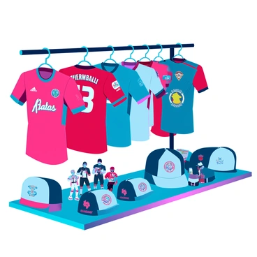 A vibrant display of esports merchandise featuring a variety of brightly colored jerseys hanging on a rack. Each jersey displays different team logos and designs, showcasing the diversity of esports. Beside the jerseys, there are several hats with embroidered team symbols resting on a shelf, arranged in an eye-catching manner. Scattered among the items are collectible action figures representing popular esports characters, each in dynamic poses. The overall scene is well-organized, with a lively atmosphere that highlights the excitement of the gaming culture.