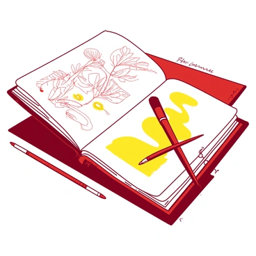 A red personal art journal is lying open on a wooden table. One page of the journal is filled with various sketches featuring plants, animals, and abstract shapes. Beside the sketches, there are vibrant yellow watercolors in swirling patterns. A few paintbrushes are scattered around the journal, some resting on the table and one placed carefully across the pages. The edges of the pages show slight wear, hinting at the journal's frequent use.