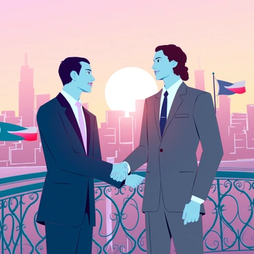 Two political leaders, one with short black hair wearing a navy blue suit and the other with wavy brown hair dressed in a grey suit, are shaking hands on a balcony. The balcony has ornate iron railings and offers a panoramic view of a bustling city below. The sun is setting, casting a warm golden light over the scene, highlighting the expressions of confidence and determination on their faces. In the background, flags of both leaders are fluttering gently in the breeze, symbolizing unity and cooperation during this significant moment.