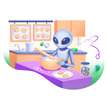 A modern pastel illustration depicts an extraterrestrial being, resembling an ET, standing at a kitchen counter. The ET is mixing ingredients in a large bowl, with flour dusting its small hands. Surrounding the ET are various baking tools, such as measuring cups and a rolling pin. The kitchen is warmly lit, with wooden cabinets and a cozy atmosphere. Hanging from the walls are cookie sheets filled with freshly baked cookies, and a plate with a few cookies ready to be served sits nearby. A jar filled with colorful sprinkles adds a pop of color to the scene. The air is filled with swirling lines representing sweet aromas wafting through the room.