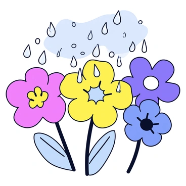 A collection of colorful blooms with various shapes and sizes. Each flower has delicate petals that shimmer with clear droplets of water. Raindrops are gently falling from a gray sky onto the flowers, creating a dynamic interaction between the water and the petals. The scene captures the moment of rain, with some droplets resting on the vibrant petals while others are in mid-fall.