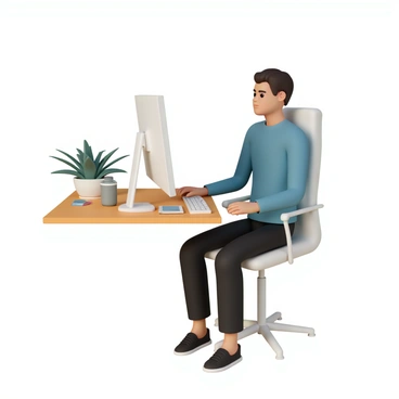 A workspace with a proper ergonomic desk setup. The desk is at elbow height, and a comfortable office chair is adjusted to support the lumbar region. A person, wearing a blue shirt and black trousers, is sitting in the chair with a straight posture. They are performing scapular retraction exercises by pulling their shoulder blades back and down. There is a computer monitor positioned at eye level, a keyboard placed comfortably in front, and a mouse within easy reach. On the desk, there are a few essential office supplies, including a notepad and a water bottle. The background features a plant to add a touch of greenery to the workspace.