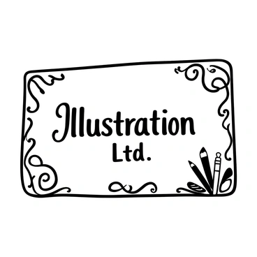 A black-and-white illustration of a business card with the words "Illustration Ltd" prominently displayed in an elegant font at the center. The edges of the card feature intricate, artistic patterns and swirling designs that convey creativity. There are decorative elements such as small sketches of art supplies, like a pencil and paintbrush, integrated into the corners of the card. The overall layout is clean, with a balanced composition that highlights the business name and artistic details.