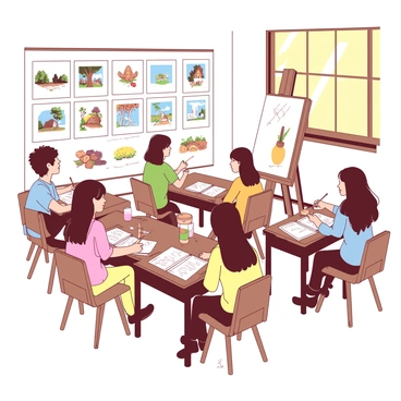 A group of students is sitting at wooden desks in an art classroom. On the wall, there are various illustrations from a well-known children's book pinned up for analysis. Each student has a sketchbook open in front of them, with pencils and colored markers scattered about. One student is pointing to a specific illustration, while others are taking notes or sketching their interpretations. The classroom is filled with natural light coming from large windows, illuminating the space where a large easel stands with a blank canvas ready for practice.
