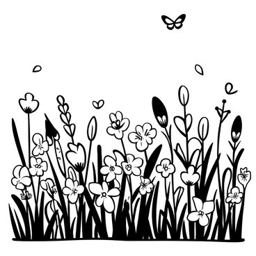 A meadow densely populated with various wildflowers, showcasing an assortment of shapes and sizes. Butterflies are seen fluttering above the flowers, with some resting on the petals. Tall blades of grass sway gently in the breeze, adding movement to the scene. The sky above is clear, giving a sense of openness to the environment.