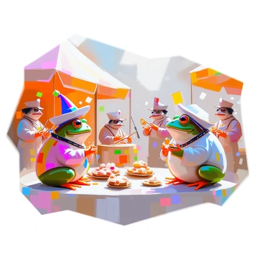 A group of frogs wearing elaborate Renaissance costumes, including colorful tunics, ornate collars, and feathered hats, are gathered at a lively fair. The frogs are interacting joyfully with each other, some holding small banners, and others eating miniature pastries. Nearby, jesters in brightly patterned outfits perform acrobatics, entertaining a cheerful audience of frogs. Musicians play lively tunes on lutes and flutes, adding to the festive atmosphere. Brightly colored stalls display various goods, with ribbons and flowers adorning the scene, creating a vibrant and celebratory environment.