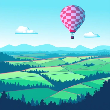 A hot air balloon floating over a patchwork landscape with fields and forests