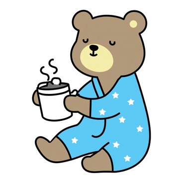 A brown bear, sitting comfortably, is wearing soft blue pajamas with white stars printed on them. The bear has a relaxed expression on its face, with droopy eyes suggesting sleepiness. It is holding a white cup filled with steaming hot cocoa, with a small swirl of whipped cream on top. The bear's paws are wrapped around the cup, and a few marshmallows are floating in the cocoa. The setting is simple, focusing on the bear's cozy and peaceful demeanor.