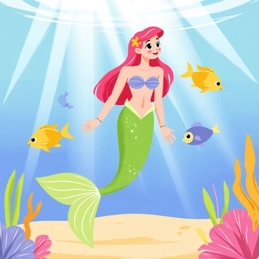 Ariel, a mermaid with long flowing red hair and a sparkling green tail, is basking in the warm sunlight filtering through the clear blue water. She is surrounded by shimmering fish of various colors, including bright yellow, vibrant blue, and orange. Sunbeams create beautiful patterns on the sandy ocean floor. Coral reefs with colorful plants and marine life can be seen in the background, enhancing the underwater scene. Ariel's expression reflects joy as she enjoys the peaceful atmosphere of her underwater world.