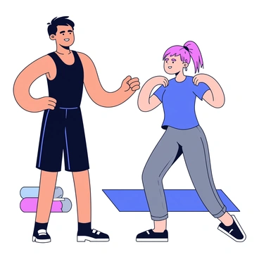 A personal trainer demonstrating scapular retraction exercises. The trainer is a fit individual with short hair, wearing a black tank top and athletic shorts. The client, who has medium-length hair tied back, is wearing a blue t-shirt and gray leggings. They are positioned in a bright gym setting with exercise mats and equipment in the background. The trainer is standing next to the client, pointing to their shoulders while explaining the proper form. The client is actively practicing the exercise, focusing on their posture with arms slightly bent.