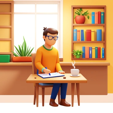 A freelance illustrator sitting at a small wooden table in a cozy cafe. The illustrator has a sketchbook open and is focused on sketching ideas with a pencil. A steaming cup of coffee sits next to the sketchbook, with a few coffee beans scattered around. The cafe has warm lighting, wooden shelves filled with books, and small potted plants on the windowsill, creating an inviting atmosphere. The illustrator, wearing a comfortable sweater and glasses, is surrounded by the faint sounds of soft chatter and the aroma of freshly brewed coffee.