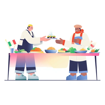 Two chefs are standing at a long table filled with a variety of colorful dishes, participating in an international food swap event. The first chef, wearing a white chef's coat and a black apron, is handing a plate of vibrant sushi rolls to the second chef, who is dressed in a traditional Italian chef's outfit with a checked hat and red scarf. The table is adorned with dishes from different cultures, including a large bowl of spaghetti, a platter of fragrant curry, and an array of fresh vegetables. Brightly colored flags representing various countries are placed around the table, enhancing the international theme of the event. Each chef has an enthusiastic expression, reflecting their excitement for the culinary exchange.