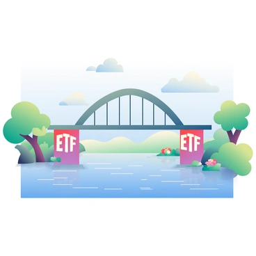 A large bridge is spanning a wide river, gracefully arched above the water. The bridge's support pillars are shaped like financial symbols, specifically "ETF" prominently displayed on each one. The river below is calm with gentle ripples reflecting the sunlight. On either side of the riverbank, green trees and colorful flowers frame the scene, adding a touch of nature. In the background, a clear blue sky stretches above, with a few fluffy white clouds drifting lazily.