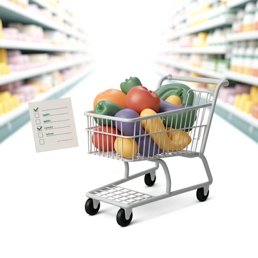 A shopping cart made of silver metal, filled with an assortment of fresh produce. The cart contains a variety of colorful fruits and vegetables including red tomatoes, green bell peppers, yellow bananas, and purple eggplants. Beside the cart, there is a piece of paper with a grocery list that includes items such as "apples," "carrots," and "lettuce." The scene is set in a grocery store aisle with bright lighting and shelves stocked with various food items in the background.