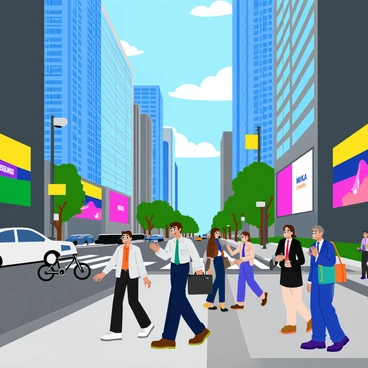 A busy financial district filled with tall glass skyscrapers reflecting sunlight. People in formal business attire, including suits, ties, and dresses, are walking briskly along the sidewalks. Some individuals carry briefcases, while others check their watches or talk on their smartphones. A few pedestrians wait at a crosswalk, and a bicycle courier weaves through traffic. The streets are lined with modern vehicles, and digital billboards display vibrant advertisements for financial services. The scene captures a sense of urgency and activity in the heart of the city.