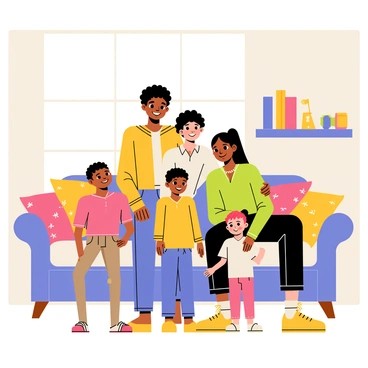 A family of different ethnicities is posing for a portrait in a cozy living room. The family consists of five members: a father with dark hair and light skin, a mother with curly hair and medium skin, a daughter with straight black hair and tan skin, a son with short wavy hair and caramel skin, and a younger child with curly red hair and fair skin. They are all smiling and standing closely together in front of a colorful couch adorned with patterned cushions. A bookshelf filled with books and a few family photos can be seen in the background, and a large window allows natural light to fill the room.