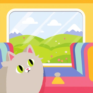 A cartoon-style illustration of a cat sitting on a colorful train seat. The cat has fluffy gray fur and bright green eyes, peering out the window. Outside the window, there are rolling hills covered in green grass and dotted with colorful wildflowers. In the distance, there are mountains under a clear blue sky. The train is decorated with cheerful patterns, and the interior is brightly lit, creating a cozy atmosphere for the cat.