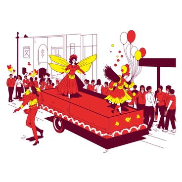 A red carnival float adorned with bright yellow flowers is moving down a bustling street. Performers in elaborate costumes featuring feathers and sequins are dancing energetically beside the float. One performer is wearing a vibrant red outfit with large yellow wings, while another is dressed in a yellow and red jester costume, juggling colorful balls. Spectators are lining the street, some waving colorful flags and others holding confetti. Brightly colored balloons are floating in the air above the parade, enhancing the festive atmosphere.