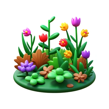 A vibrant garden filled with various plants in different stages of growth. Some plants are blooming with colorful flowers, while others are in the process of wilting, showcasing a range of colors such as bright reds, yellows, and purples. The garden also features green foliage along with brown and dry leaves from the withering plants. The scene captures the continuous cycle of blooming and withering, highlighting the contrast between life and decay among the diverse flora.