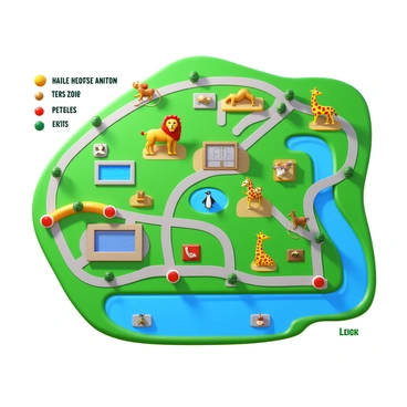 A zoo map with vibrant colors, showcasing one-sixth of the animal exhibits highlighted. Each highlighted section features detailed illustrations of various animals, including a lion, a giraffe, and a penguin. The map includes pathways connecting the exhibits, marked with clear labels for easy navigation. Different zones of the zoo are represented, such as the reptile house and the aviary, with icons to indicate the types of animals present. A legend at the corner describes the highlighted areas and their corresponding exhibits.