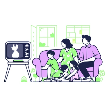 A family of four is gathered in a cozy living room, sitting on a plush, vintage sofa. The mother, wearing a patterned dress, is smiling as she watches the television. The father, dressed in a collared shirt, is sitting at the edge of the sofa with a hand resting on his knee. Two children, a boy and a girl, sit on the floor with their backs against the sofa, leaning forward in curiosity. The classic mid-century television set is placed on a wooden stand in front of them, displaying a black-and-white image. Warm light fills the room, highlighting the soft textures of the furniture and the homey decor surrounding them.