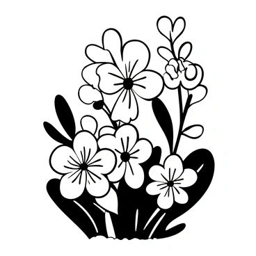 A cluster of "pansies" with intricate petal patterns, arranged in a natural composition. The flowers display various shapes and sizes, with some in full bloom and others in budding stages. A few leaves are intertwined among the flowers, adding texture to the scene. The background features a subtle, fluid transition of shapes that suggest a gentle breeze, creating movement around the blossoms.