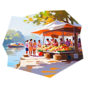 A bustling market scene located on the riverbank of the Amazon River, filled with a variety of vendors. Stalls are lined up, showcasing an array of colorful fruits such as bananas, mangos, and pineapples, all arranged in neat displays. Artisans are seen crafting handmade items, including woven baskets and intricate jewelry, each stall vibrant and inviting. Customers are browsing, engaged in lively conversations, while a gentle breeze rustles the leaves of nearby trees. The flowing river glimmers in the background, reflecting the lively atmosphere of the market.