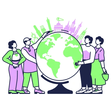 A diverse group of people stands together, each person representing various ethnicities and cultures. They are gathered around a large globe, which depicts the continents prominently. Each individual has a unique outfit that reflects their heritage. Some are holding onto the globe with both hands, while others have their arms extended towards it. The expressions on their faces convey a sense of joy and unity. In the background, various landmarks from different countries are visible, further emphasizing the theme of global connection.