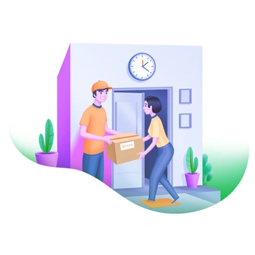 A scene featuring a delivery person wearing a uniform, with a smile on their face as they hand over a package to a homeowner at a doorstep. The package is wrapped in brown paper and has a label on it. The doorway is decorated with a small potted plant on each side and has a welcome mat in front. Above, a clock on the wall shows the time as "12:00", with its hands pointing directly at noon. The sunlight casts gentle shadows on the ground, enhancing the moment.