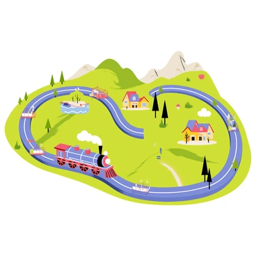 A detailed model train set featuring a winding track that loops through various intricate landscapes. The scene includes rolling green hills and rocky mountains in the background. Tiny villages with colorful houses, tiny trees, and miniature figures are scattered along the track. The train is a small steam locomotive, puffing out white smoke as it makes its way through the vibrant scenery. There are small bridges and tunnels, adding complexity to the landscape. A river with a small boat can also be seen, enhancing the charm of the entire setup.