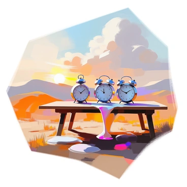 A surreal landscape features several clocks melting over the edge of a wooden table. The clocks have distorted, fluid shapes, with their hands drooping and numbers stretched. The table is positioned against a backdrop of rolling hills and an expansive sky. Wispy clouds float above, adding to the dreamlike atmosphere. The ground is uneven, with patches of vibrant grass interspersed with areas of dry earth. The warm hues of the sunset create a contrast with the cooler tones of the landscape, enhancing the surreal quality of the scene.