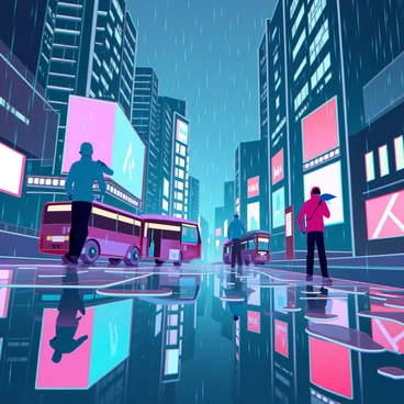 A bustling city street under a heavy rain. The ground is slick, and numerous puddles form on the asphalt, reflecting vibrant neon lights from surrounding signs and billboards. Tall buildings line the street, their windows glistening with raindrops. People in colorful raincoats and carrying umbrellas hurry along the sidewalk, their silhouettes illuminated by the bright lights. Vehicles, including cars and buses, navigate through the rain-soaked streets, adding to the lively atmosphere.