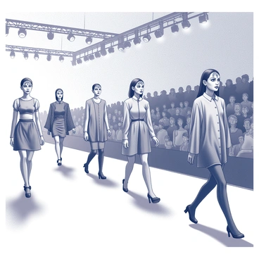 A fashion show taking place in a spacious venue filled with an audience. On the runway, several models are walking with confidence, each showcasing distinctive outfits. Each outfit represents a different style, with varying textures and patterns. The models are wearing unique "nath" accessories that are prominently displayed on their faces, adding elegance to their looks. Flashing cameras capture the vibrant atmosphere, while spotlights illuminate the runway, highlighting the intricate designs of the clothing and accessories.