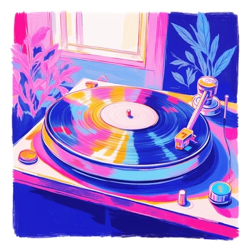 A close-up view of a vinyl record spinning on a turntable. The record showcases intricate grooves reflecting the dim light of the room. The turntable features a sleek tonearm gently resting on the edge of the record, with the needle poised above the surface. Shadows play across the wooden texture of the turntable, accentuating its craftsmanship. In the background, soft out-of-focus shapes suggest a cozy, intimate atmosphere. The scene captures the essence of vintage music enjoyment.