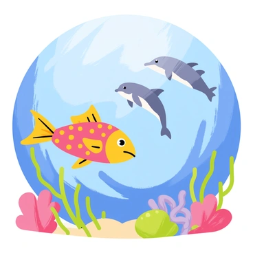 A colorful grouper with a spotted pattern is swimming curiously near a pod of sleek dolphins in the open sea. The dolphins are jumping joyfully above the water's surface, creating splashes around them. Clear blue water surrounds the playful scene, with rays of sunlight filtering through, illuminating the vibrant coral reefs in the background. The grouper is tilting its head, observing the dolphins as they twist and turn gracefully in the water. Several seaweed plants are swaying gently along the ocean floor, adding more detail to the lively underwater landscape.