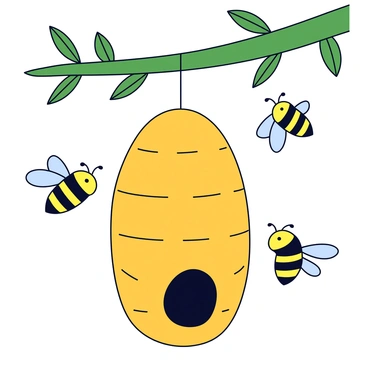A close-up of a beehive with a textured, golden-brown surface, shaped like an elongated oval. The hive is suspended from a sturdy green tree branch adorned with small leaves. Several small bees with black and yellow stripes are fluttering around the hive, some buzzing near the entrance. The background features blurred hints of the tree bark and additional leaves, emphasizing the hive's location.