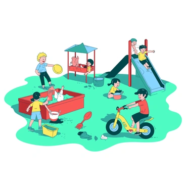 A teal playground is filled with children playing joyfully outside. A group of three children are playing with a bright yellow frisbee, while another child is riding a yellow tricycle nearby. In the background, a small blue slide and a red swing set are visible, with children taking turns sliding down and swinging high. Some children are building a sandcastle in a red sandbox, using colorful toy shovels and buckets. The scene is lively and filled with happiness as the children interact with their toys and each other.