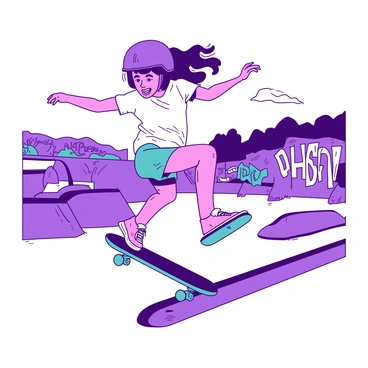 A girl with a bright purple helmet is performing a trick on a teal skateboard at a skatepark. She is mid-air, executing a kickflip, with her feet skillfully positioned on the board. The skatepark features curved ramps and graffiti-covered walls in the background, creating an urban atmosphere. Other skaters can be seen in the background, adding to the vibrant energy of the scene. The girl's hair is flowing behind her, and she wears a white t-shirt and blue shorts, showcasing her dynamic movement.