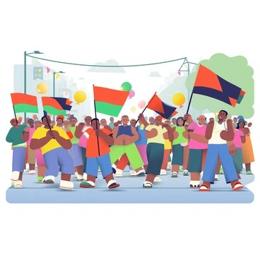 A vibrant Juneteenth parade is taking place on a sunlit street. A diverse group of people is marching, showcasing a lively atmosphere. Some individuals are wearing traditional African attire, while others are dressed in colorful t-shirts. Many participants are waving bright, colorful flags that flutter in the breeze, displaying various shades of red, black, and green. There are balloons in the shape of stars and circles in bright colors, floating above the crowd. In the background, there are festive banners and decorations lining the street, contributing to the celebratory mood of the event.