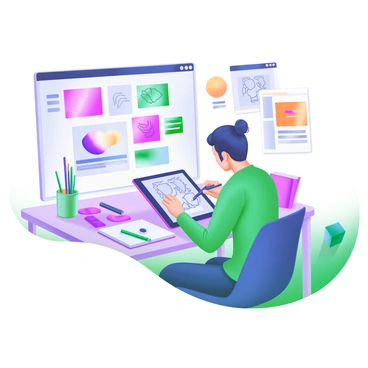 A digital artist sitting at a modern desk, working on a tablet. The artist is focused, with a stylus in hand, creating intricate designs on the tablet's screen. Surrounding the artist are multiple screens, each displaying different art projects, including colorful illustrations, concept sketches, and a vibrant color palette. The workspace is organized, with art supplies such as pens, markers, and sketchbooks neatly arranged around the desk. Soft lighting casts a warm glow, enhancing the creative atmosphere.