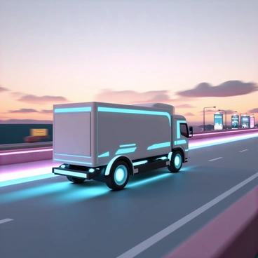 A sleek, futuristic truck with a streamlined design and metallic silver exterior. The truck features glowing blue accents along its sides, showcasing advanced technology. It has large, high-tech wheels that appear to hover slightly above the ground. The futuristic highway is wide and elevated, lined with glowing barriers and digital billboards displaying vibrant advertisements. The sky is a gradient of sunset colors, adding a dramatic backdrop to the scene. The truck is in motion, leaving a trail of light as it speeds down the highway.