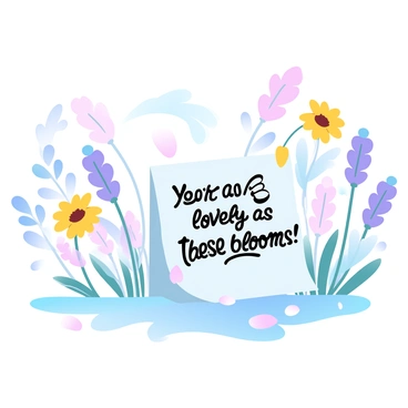 A vibrant field filled with various wildflowers in different colors, including shades of yellow, purple, pink, and blue. The flowers are swaying gently in a light breeze, creating a lively scene. Among the wildflowers, there is a small note placed delicately on the ground that reads "You're as lovely as these blooms!" The note is surrounded by a few scattered petals, blending harmoniously with the floral display.