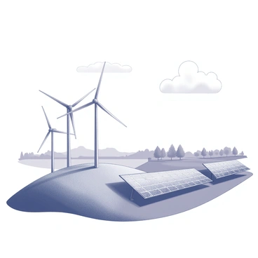 An illustration depicting various renewable energy sources. In the foreground, several large wind turbines stand tall on a grassy hill, their blades rotating in the wind. To the right, there are rows of solar panels oriented towards the sun, capturing sunlight. In the background, a clear sky is visible, with a few fluffy clouds. A distant landscape features trees and fields, creating a harmonious balance with the energy sources.