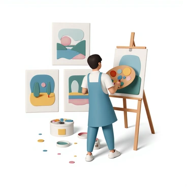 An artist, wearing a blue apron and a white shirt, is standing at a wooden easel mixing vibrant colors on a round wooden palette. The palette is filled with bright hues of red, yellow, blue, and green. Surrounding the artist are several canvases with various abstract and landscape paintings, each displaying bold and vivid colors. The artist is focused, with a brush in one hand and the palette in the other, while splashes of paint dot the floor around them.