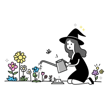 A small witch, with a pointed hat and a flowing black dress, is kneeling in a garden. She has long, wavy hair cascading down her back. Surrounding her are various colorful flowers, including red roses, blue daisies, and yellow sunflowers. Glowing plants emit soft, luminescent light, adding a magical ambiance to the scene. The witch is carefully watering the flowers with a silver watering can. There is a small wooden gardening tool beside her, and a few butterflies flutter around, attracted to the vibrant blooms.