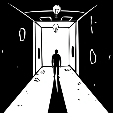 A long, dark hallway stretches toward the background, lined with cracked and peeling walls. At the end of the hallway, a mysterious silhouette stands, outlined against a faint light source that creates an eerie atmosphere. The silhouette is tall and slim, casting a long shadow on the floor. Flickering light bulbs hang from the ceiling, some partially broken, adding to the ominous setting. The ground is scattered with debris and dust, suggesting neglect and abandonment.