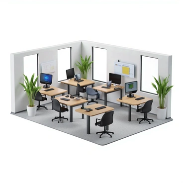 A collaborative workspace featuring furniture designed with the IBM logo prominently displayed. There are several modern desks arranged in a circular layout, equipped with comfortable chairs that have ergonomic designs. Interactive boards line the walls, showcasing digital displays and touchscreen capabilities for group activities. The space is well-lit with large windows allowing natural light to fill the room, creating an inviting atmosphere for teamwork and brainstorming. Potted plants are strategically placed around the area for a touch of greenery.