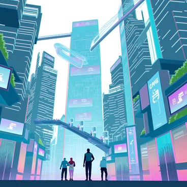 A sprawling futuristic cityscape filled with towering skyscrapers made of glass and metal, reflecting the vibrant lights of neon advertisements. Floating vehicles of various shapes and sizes zip through the air, leaving trails of luminescence behind them. The streets below are bustling with humanoid robots and people in advanced attire, engaging with interactive holograms that hover in mid-air. Above, a network of suspended walkways connects the buildings, with greenery incorporated into the architecture, creating a harmony between nature and technology. In the distance, a massive digital billboard displays dynamic images, adding to the high-tech ambiance of the scene.